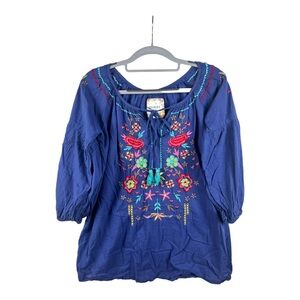 Lulalife Embroidered Blue Blouse Sz S Flowers 3/4 sleeve drawstring pink red